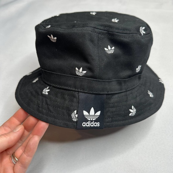 Adidas Bucket Hat trefoil logo allover print 90s y2k casual black trendy - Picture 1 of 5